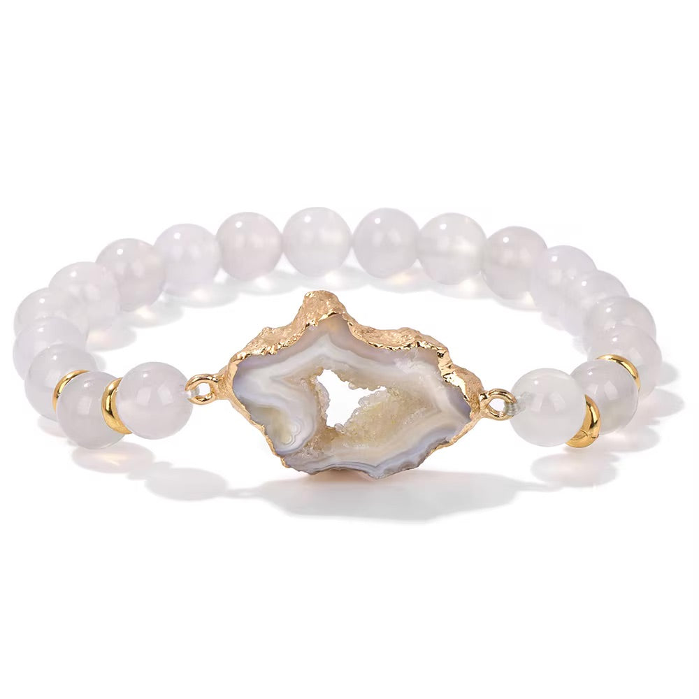 White agate bracelet with gold-dipped geode centerpiece, spiritual healing jewelry for lightworkers