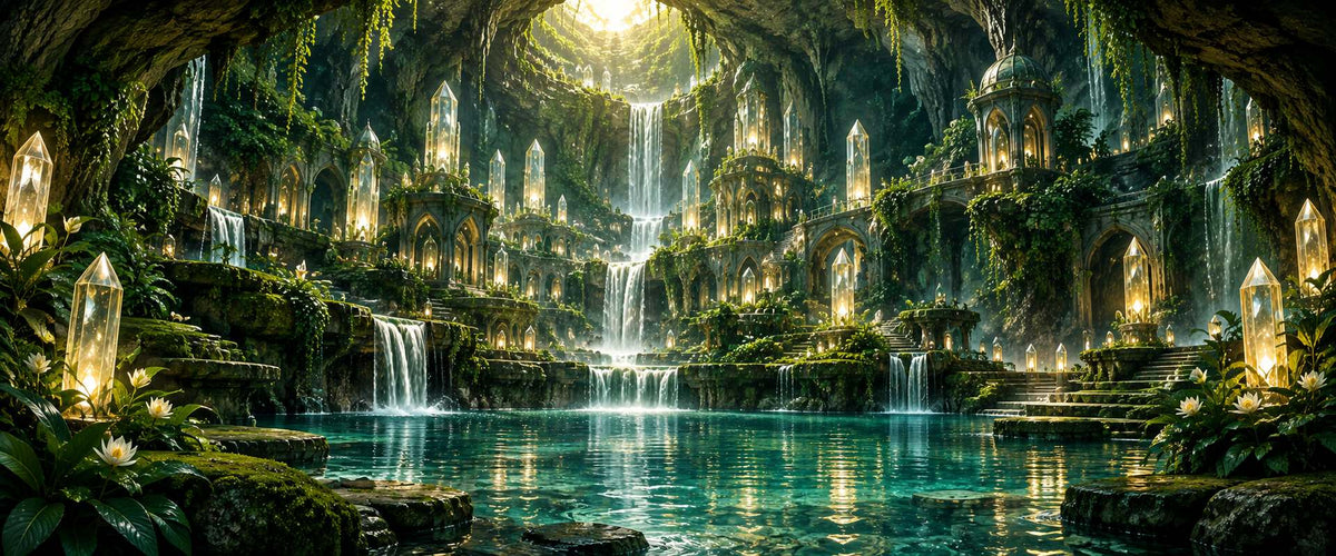 Imagined inner-Earth sanctuary with glowing crystals, emerald terraces, waterfalls and a turquoise pool.