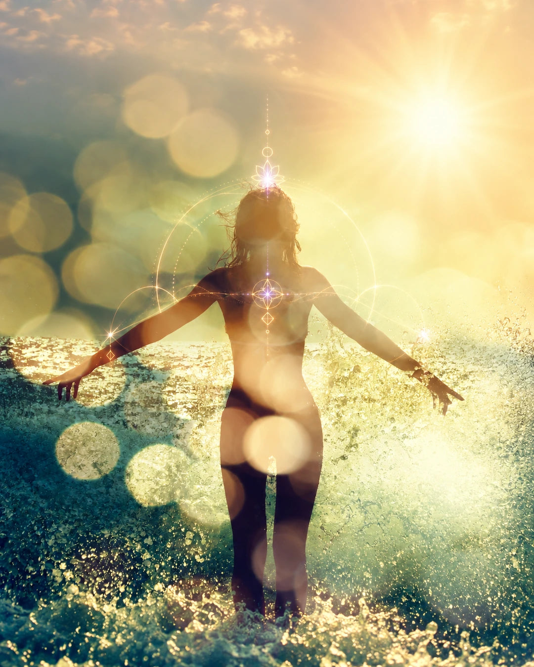 Woman standing with open arms in sparkling golden ocean waves and subtle light codes; mobile image.