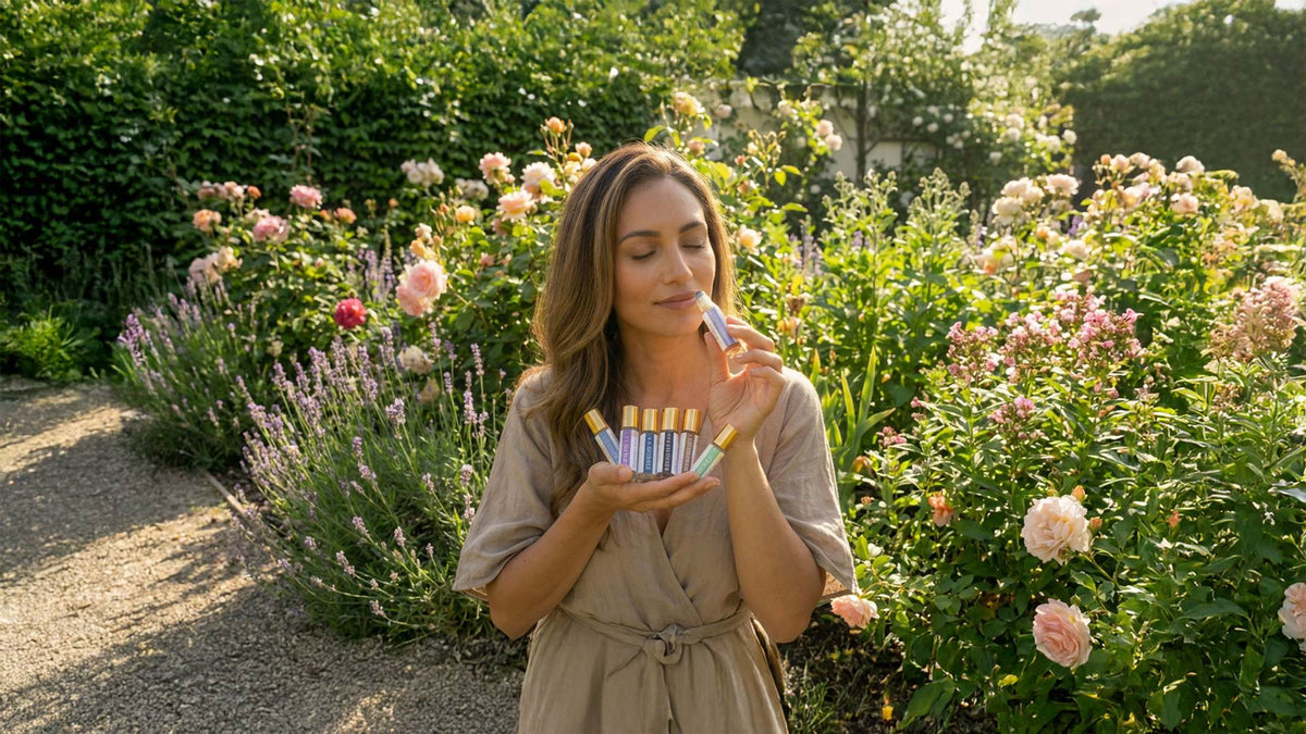 Woman holding emotional healing elixirs in a flowering garden