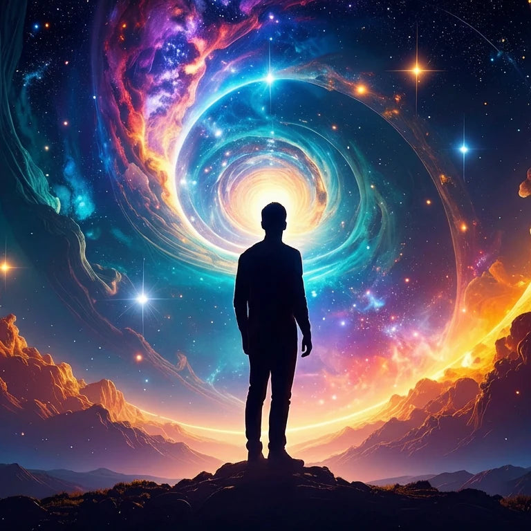 Person standing in front of a vibrant spiral galaxy