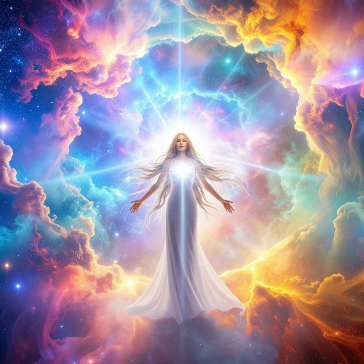 Radiant light being in white gown amidst cosmic nebula, embodying ascension and divine energy for Starseeds
