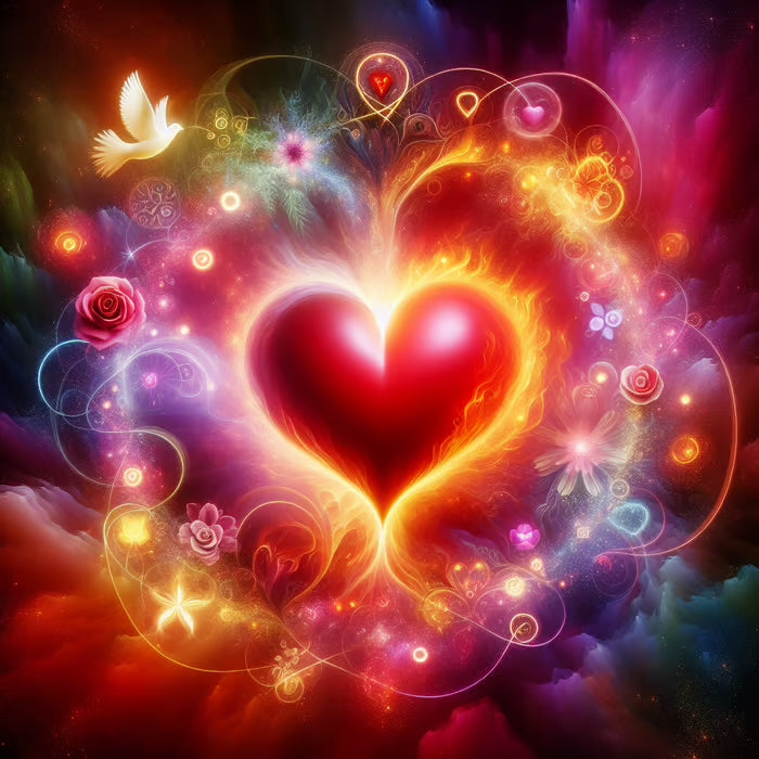 Glowing heart surrounded by cosmic light, roses, and a dove—symbolizing divine love and spiritual awakening.