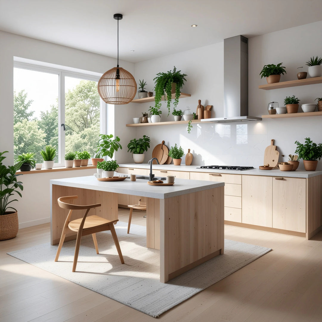 Bright modern kitchen with wooden island, plants, and natural light for a serene home sanctuary