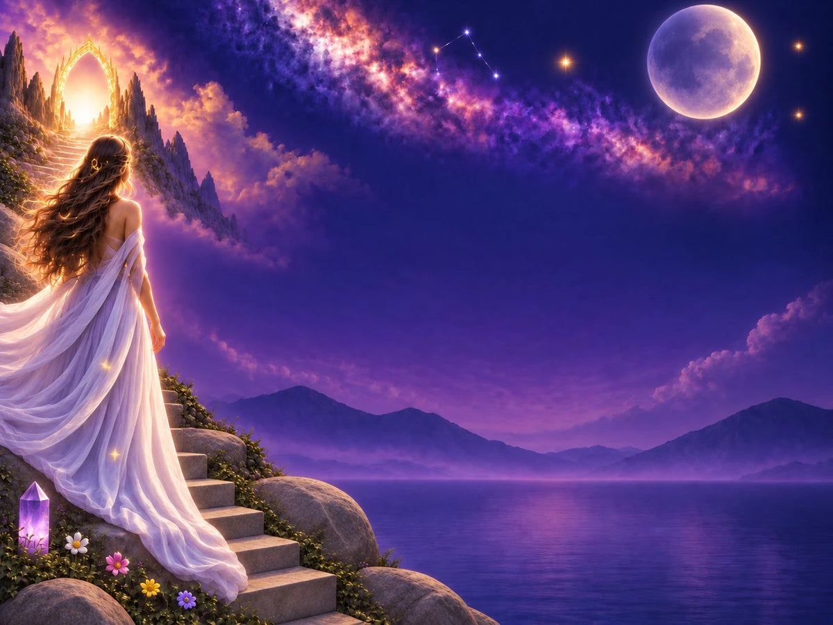 Woman ascending a luminous path under the stars