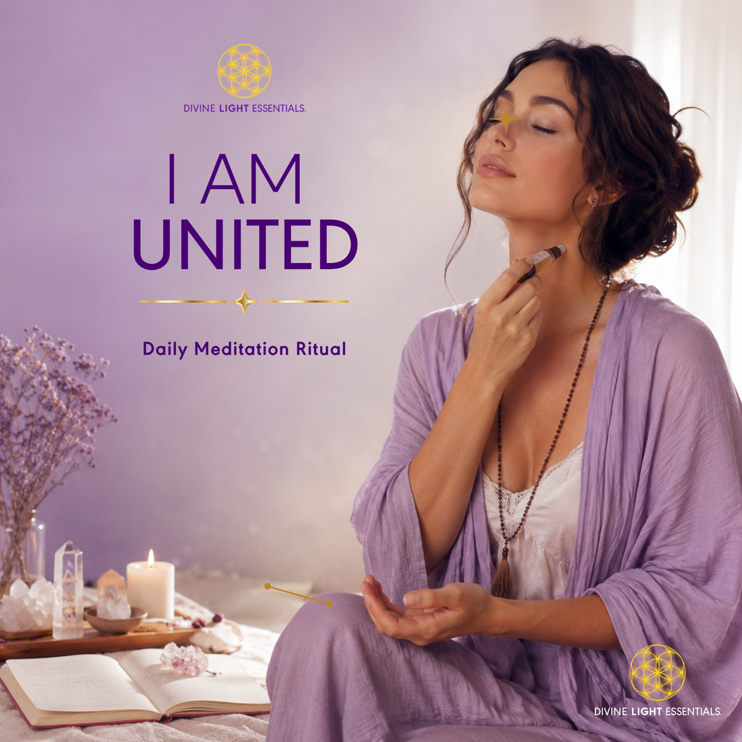 A woman in a lavender robe sits in a meditative pose with her eyes closed, holding a small object near her face. The scene is softly lit with lavender tones and includes candles, crystals, an open book, and dried flowers.