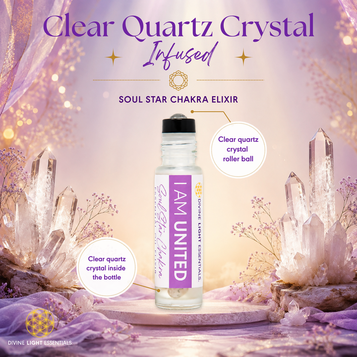 A clear quartz crystal infused chakra elixir rollerball bottle by Divine Light Essentials, set against a mystical background of glowing crystals and purple lavender. The bottle is labeled &