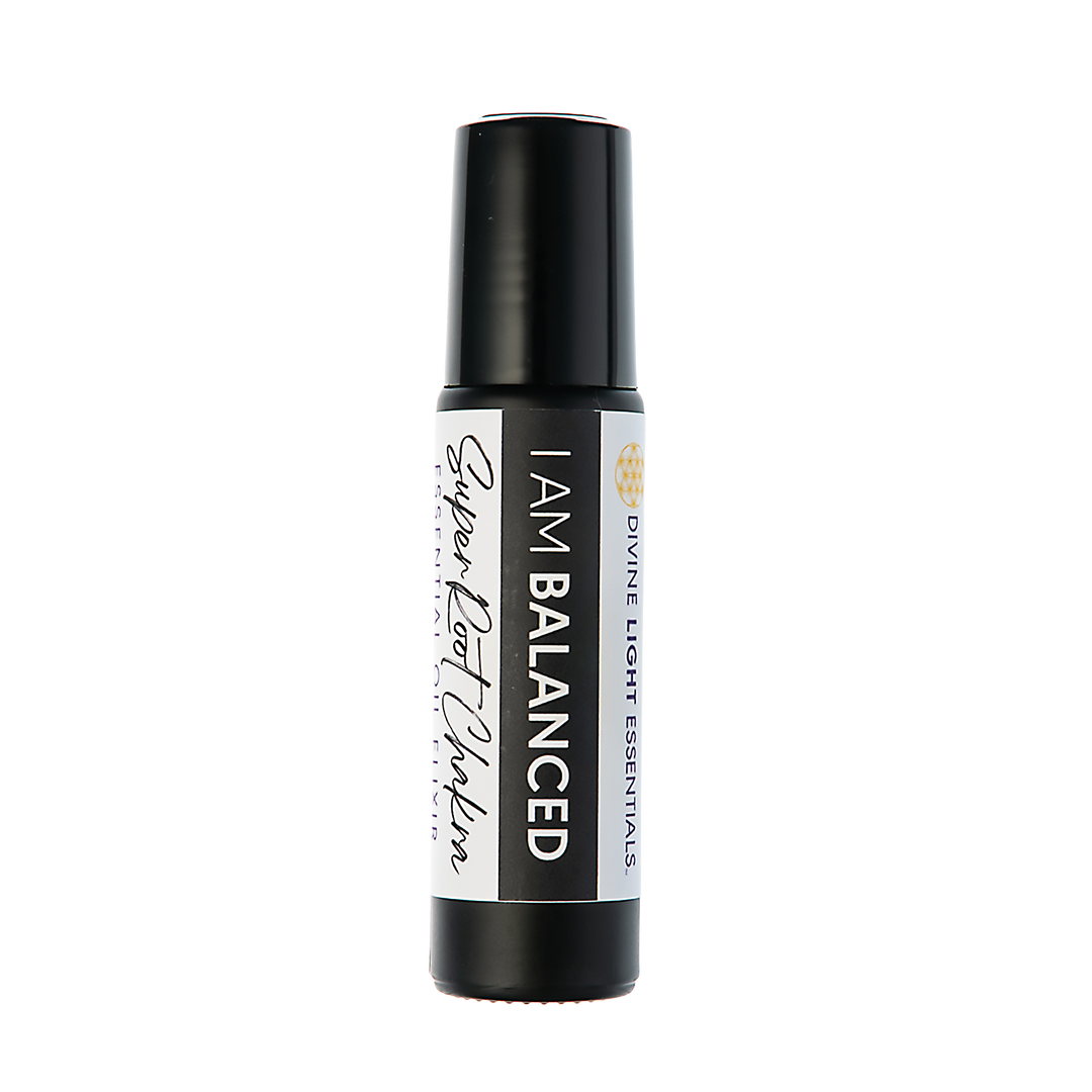 A black roll-on bottle of Divine Light Essentials 'I AM BALANCED' essential oil on a plain white background.