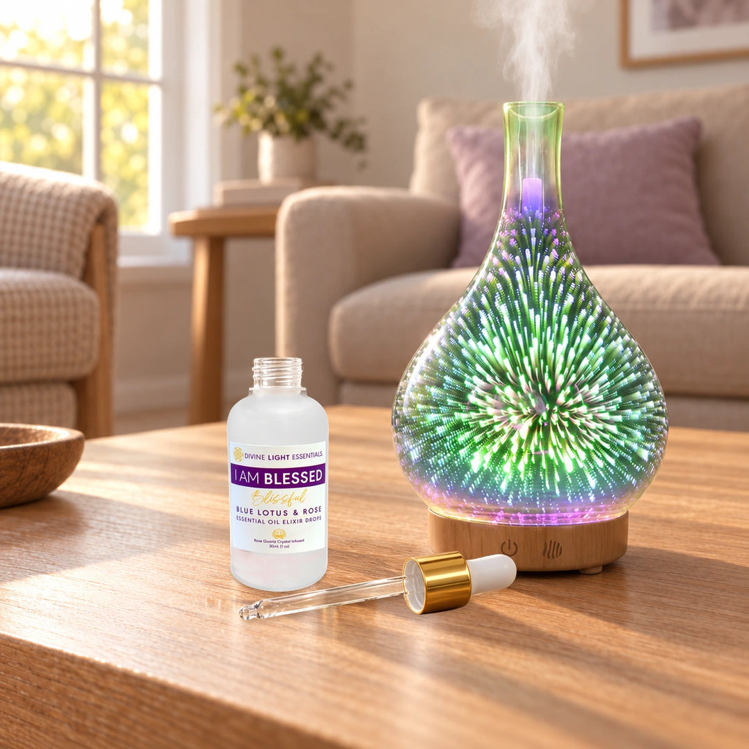 A glowing diffuser bottle with a colorful burst pattern sits on a wooden table in a living room, next to a small bottle of essential oil and a glass dropper. The diffuser is emitting a soft mist.