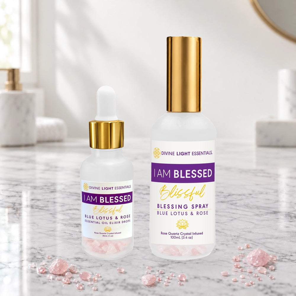 I Am Blessed elixir dropper and blessing spray on marble with rose quartz.