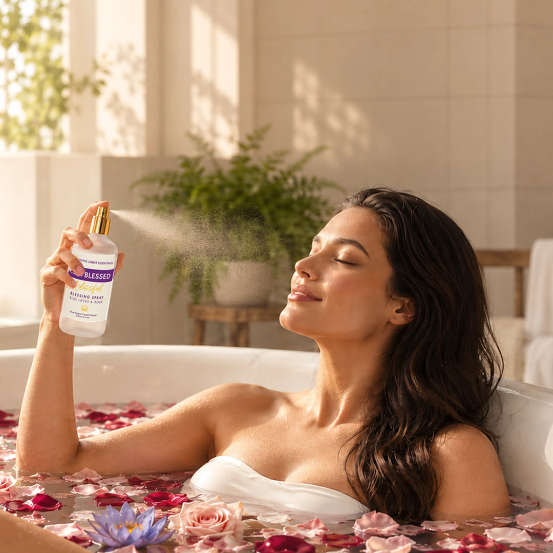 A woman relaxes in a bubble bath filled with flower petals, holding a bottle of Breathe Easy diffuser mist and spraying it into the air. The scene is warmly lit with natural light, featuring a potted plant in the background.