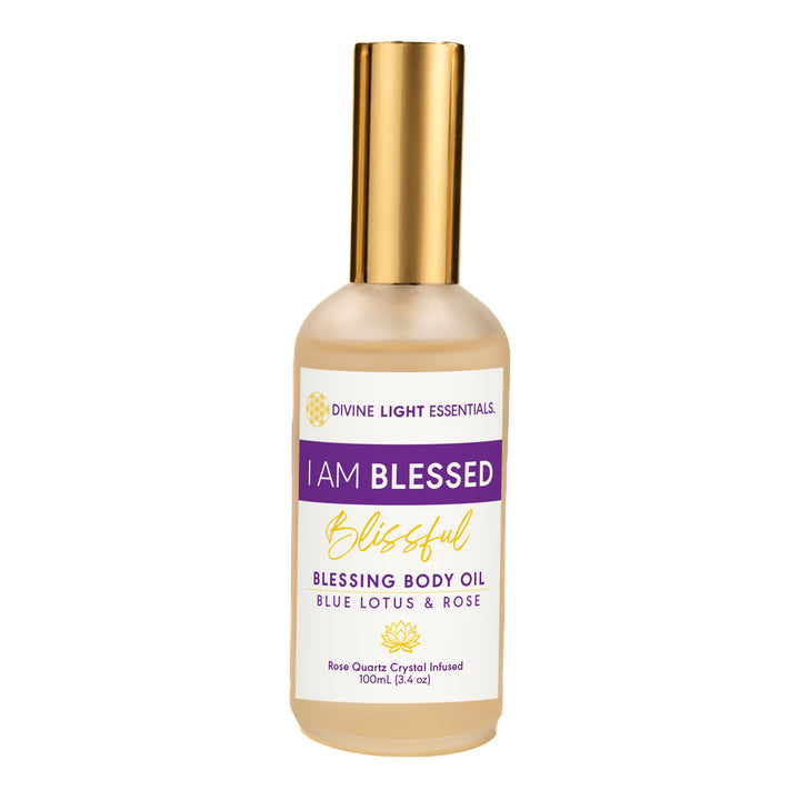 I Am Blessed Blessing Body Oil with current purple-and-gold label and gold cap, centered on white.