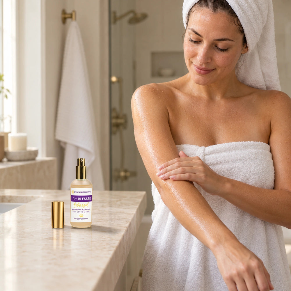 Woman applying I Am Blessed body oil to damp skin after a shower, with the uncapped gold-pump bottle and cap beside her.