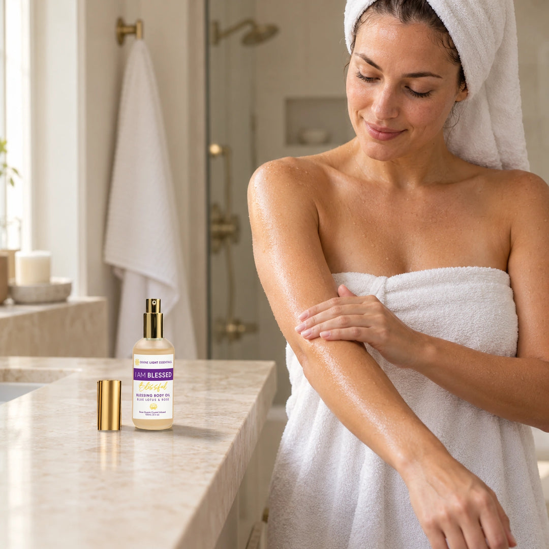 Woman applying I Am Blessed body oil to damp skin after a shower, with the uncapped gold-pump bottle and cap beside her.