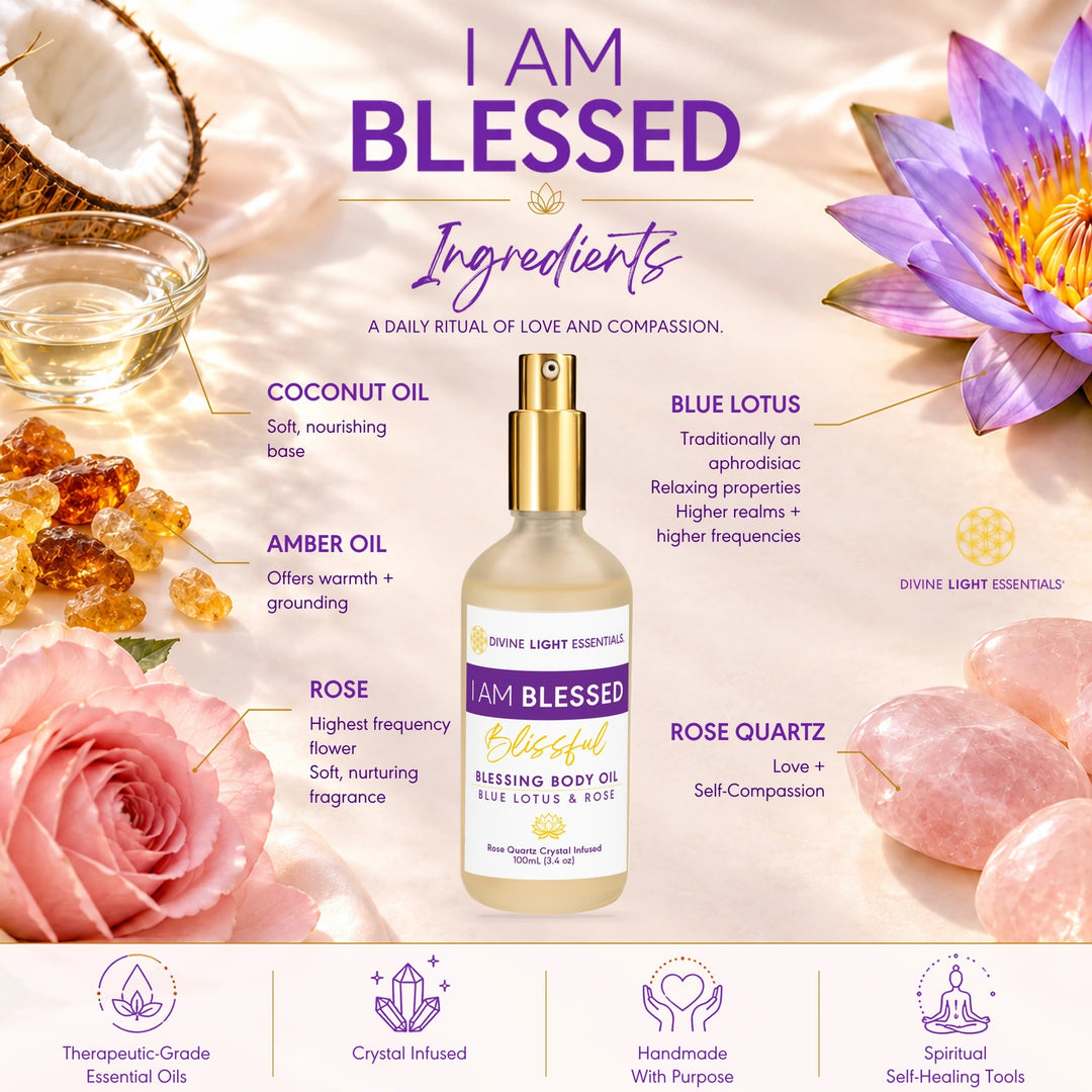 I Am Blessed body oil ingredients: coconut oil, amber oil, blue lotus, rose and rose quartz, with a gold-pump bottle.