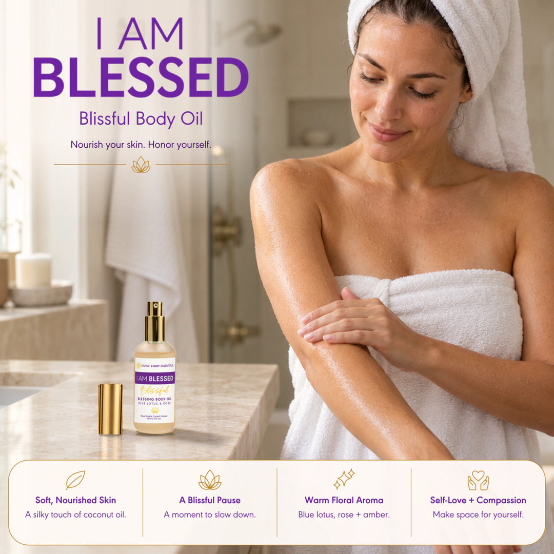 I Am Blessed body oil lifestyle card showing a woman applying oil to damp skin after a shower, with a towel on her head.