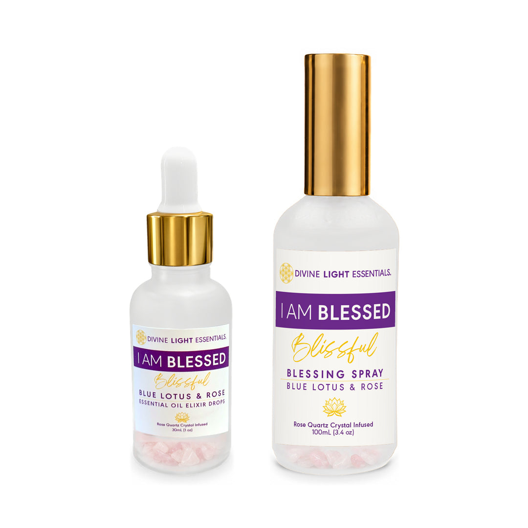 I Am Blessed 30 mL elixir dropper and 100 mL blessing spray on white.