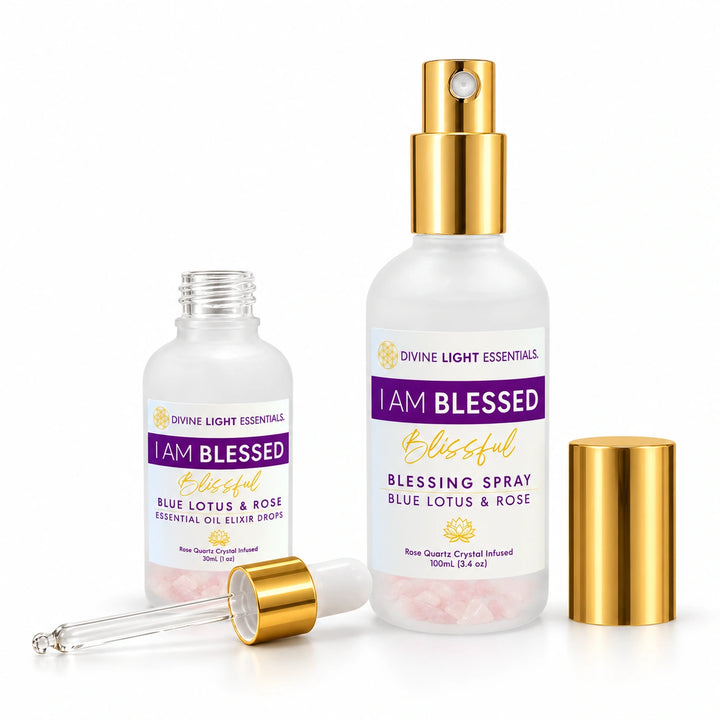 I Am Blessed Duo 2: open 30 mL elixir dropper bottle with pipette in front, beside the uncapped 100 mL blessing spray.