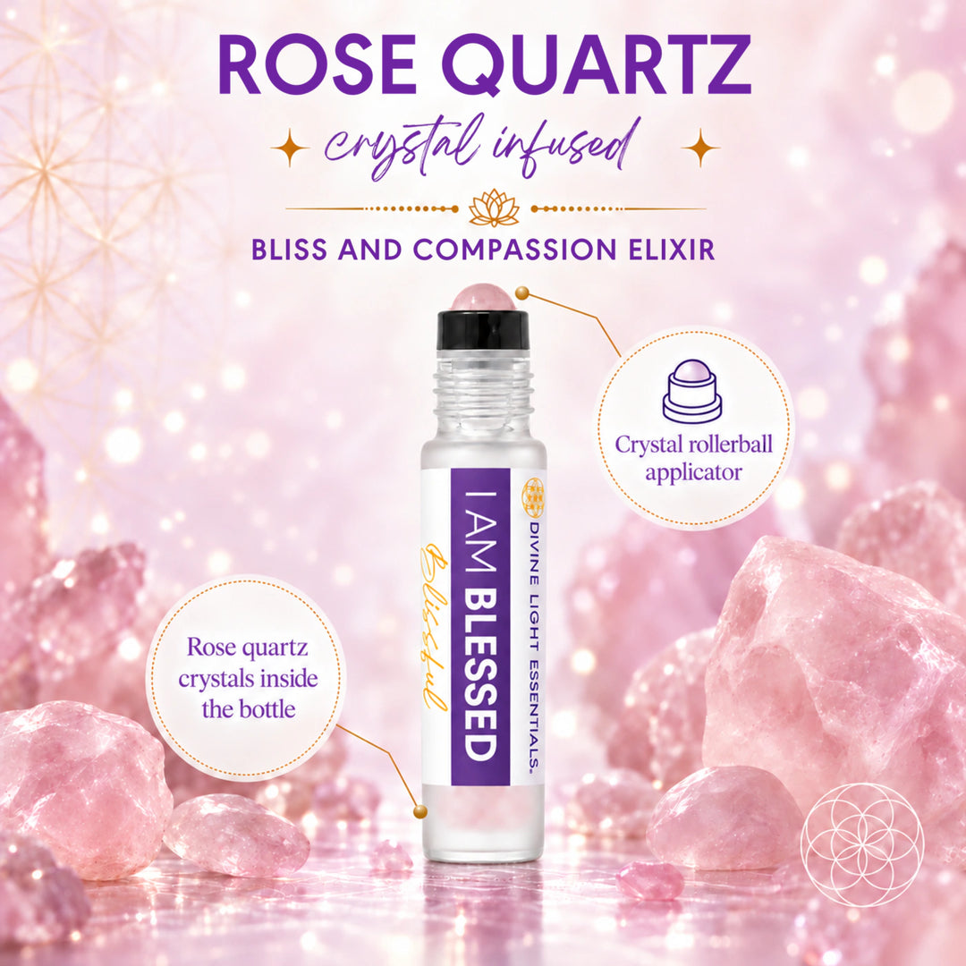 A rose quartz-infused crystal rollerball bottle labeled &