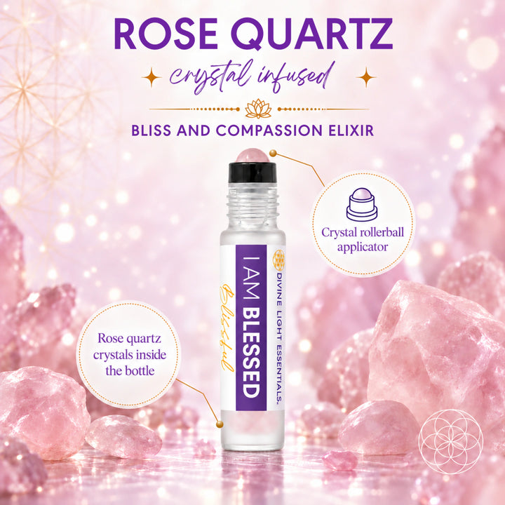 A rose quartz-infused crystal rollerball bottle labeled &