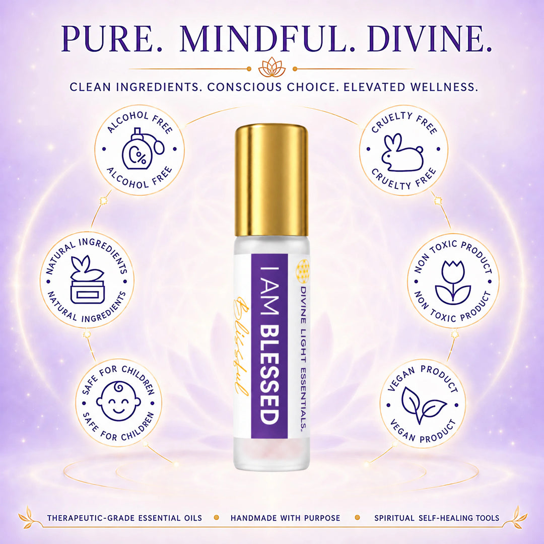 A centered product shot of a small essential oil bottle labeled &