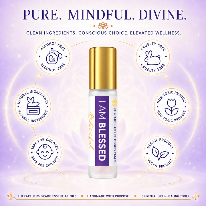 A centered product shot of a small essential oil bottle labeled &