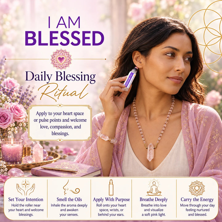 A woman in a pink robe holds a purple and white essential oil roller over her chest in a floral setting. The image includes promotional text reading &