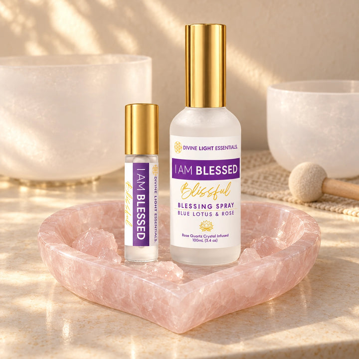 A bottle and matching roller bottle of Divine Light Essentials &