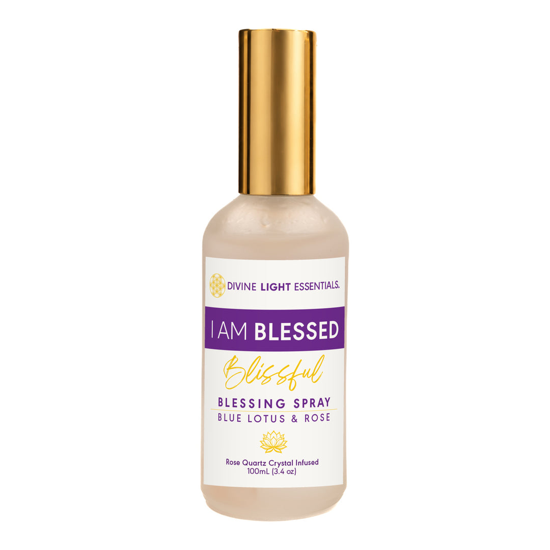 I Am Blessed Blessing Spray with current purple-and-gold label and gold cap, centered on white.