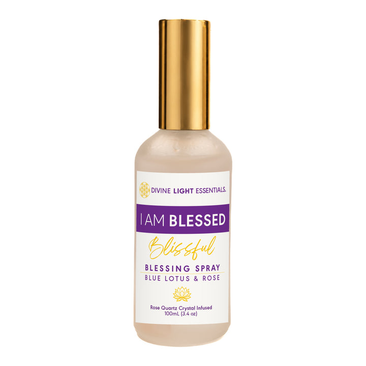 I Am Blessed Blessing Spray with current purple-and-gold label and gold cap, centered on white.