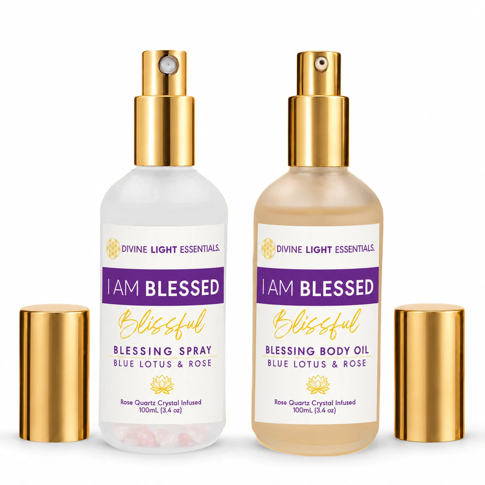 I Am Blessed 100 mL blessing spray and body oil side by side with both gold caps removed and placed on either side.