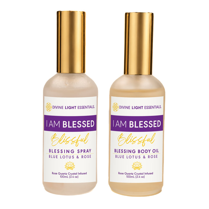 I Am Blessed Blessing Spray and Blessing Body Oil with current purple-and-gold labels and gold caps on white.
