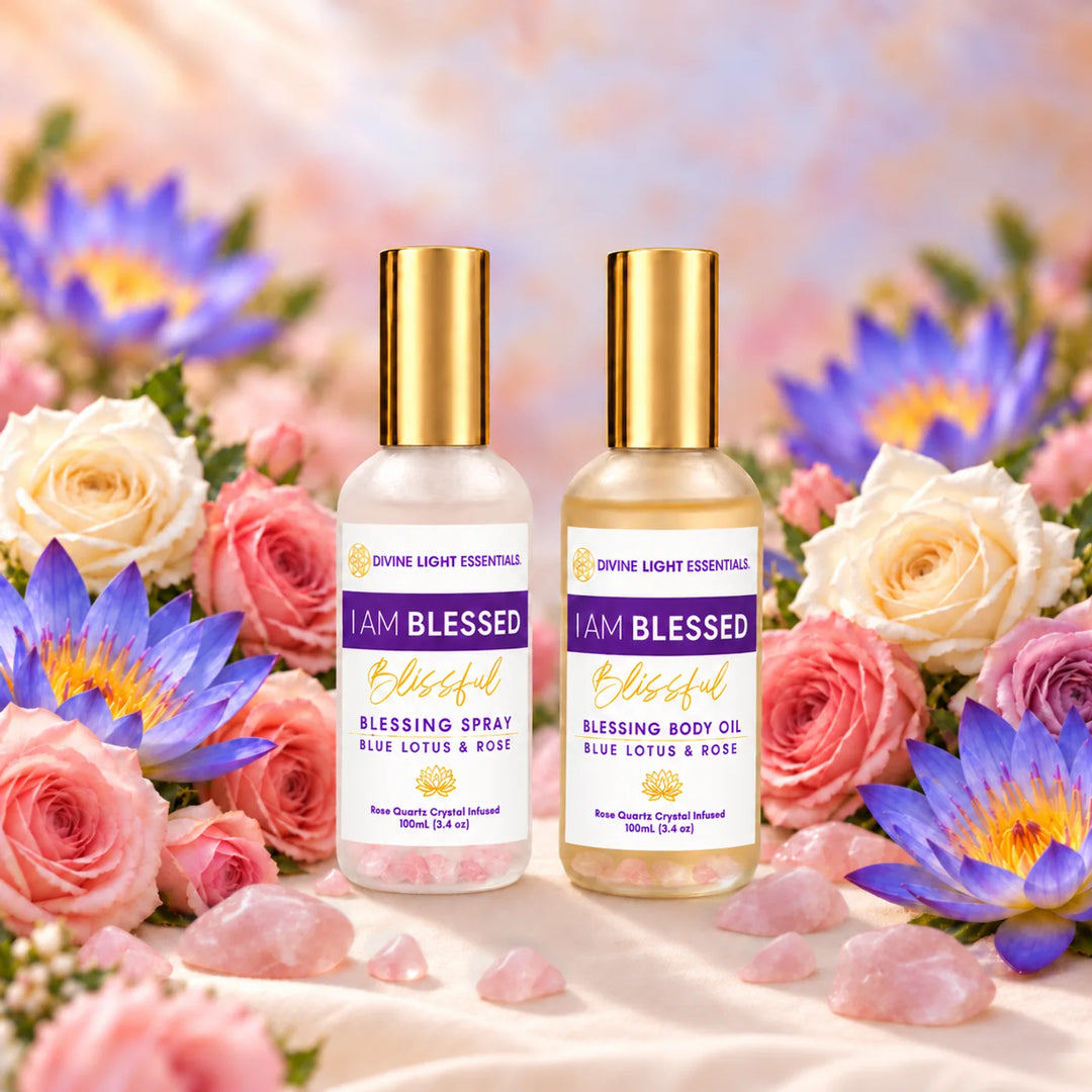 I Am Blessed Blessing Spray and Blessing Body Oil with rose quartz crystals, roses, and blue lotus flowers.