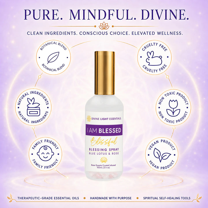 I Am Blessed Trio Bundle - Roller, Spray &amp; Body Oil - Blue Lotus &amp; Rose Essential Oils