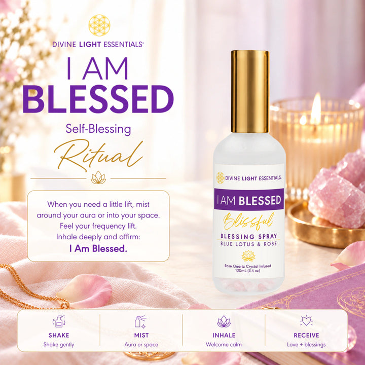 I Am Blessed Trio Bundle - Roller, Spray &amp; Body Oil - Blue Lotus &amp; Rose Essential Oils