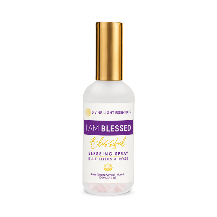 I Am Blessed Blessing Spray with current purple-and-gold label and gold cap, centered on white.