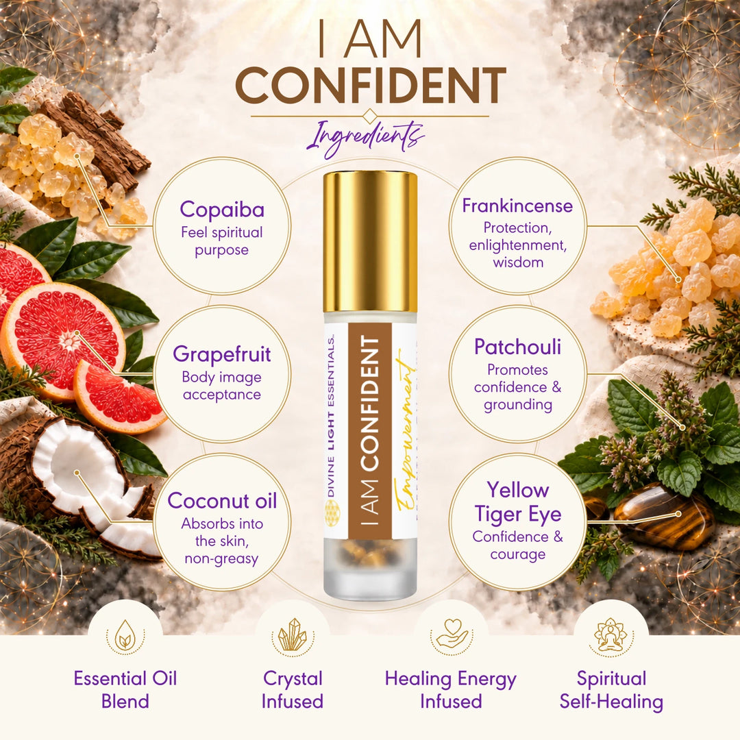 I Am Confident ingredients card showing featured botanicals, coconut oil and yellow tiger eye around the roller bottle.