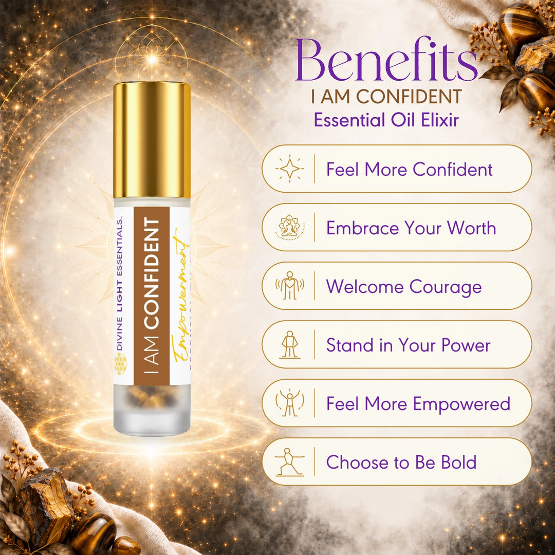 I Am Confident benefits card with six illustrated callouts and a gold-capped roller bottle.