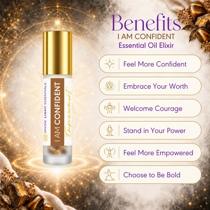 I Am Confident benefits card with six illustrated callouts and a gold-capped roller bottle.