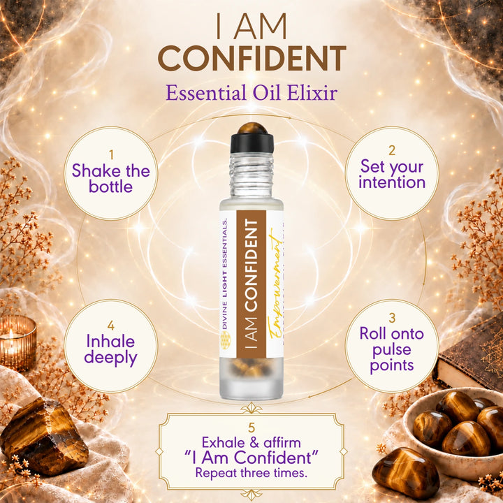 I Am Confident ritual card with a roller bottle and five illustrated steps for setting an intention and applying the elixir.