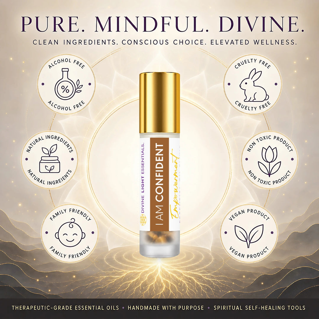 I Am Confident product features card with a roller bottle and six circular feature icons.