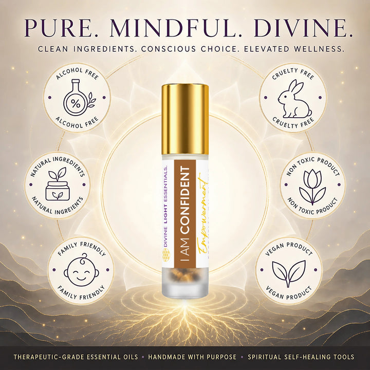 I Am Confident product features card with a roller bottle and six circular feature icons.