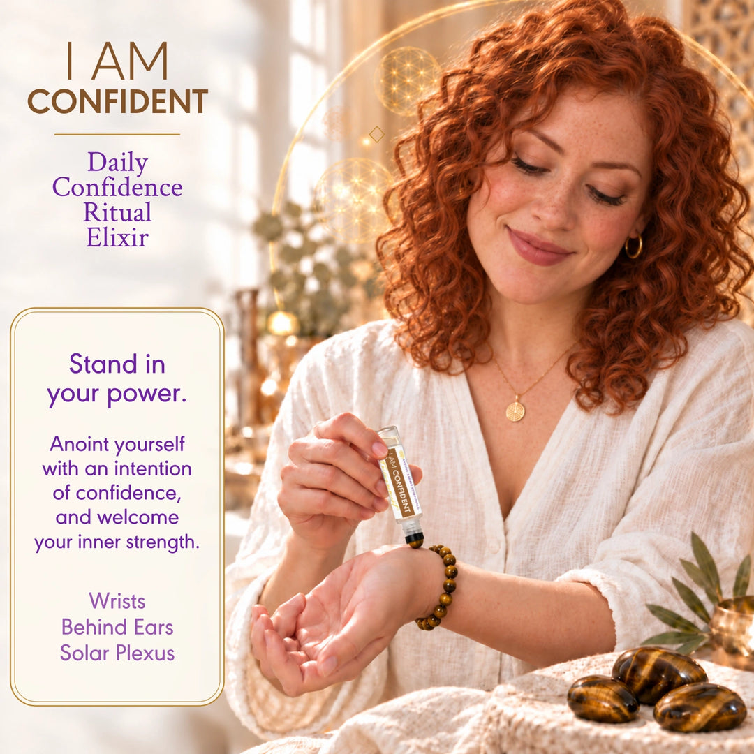 I Am Confident daily ritual card showing a red-haired woman rolling the elixir onto her wrist.