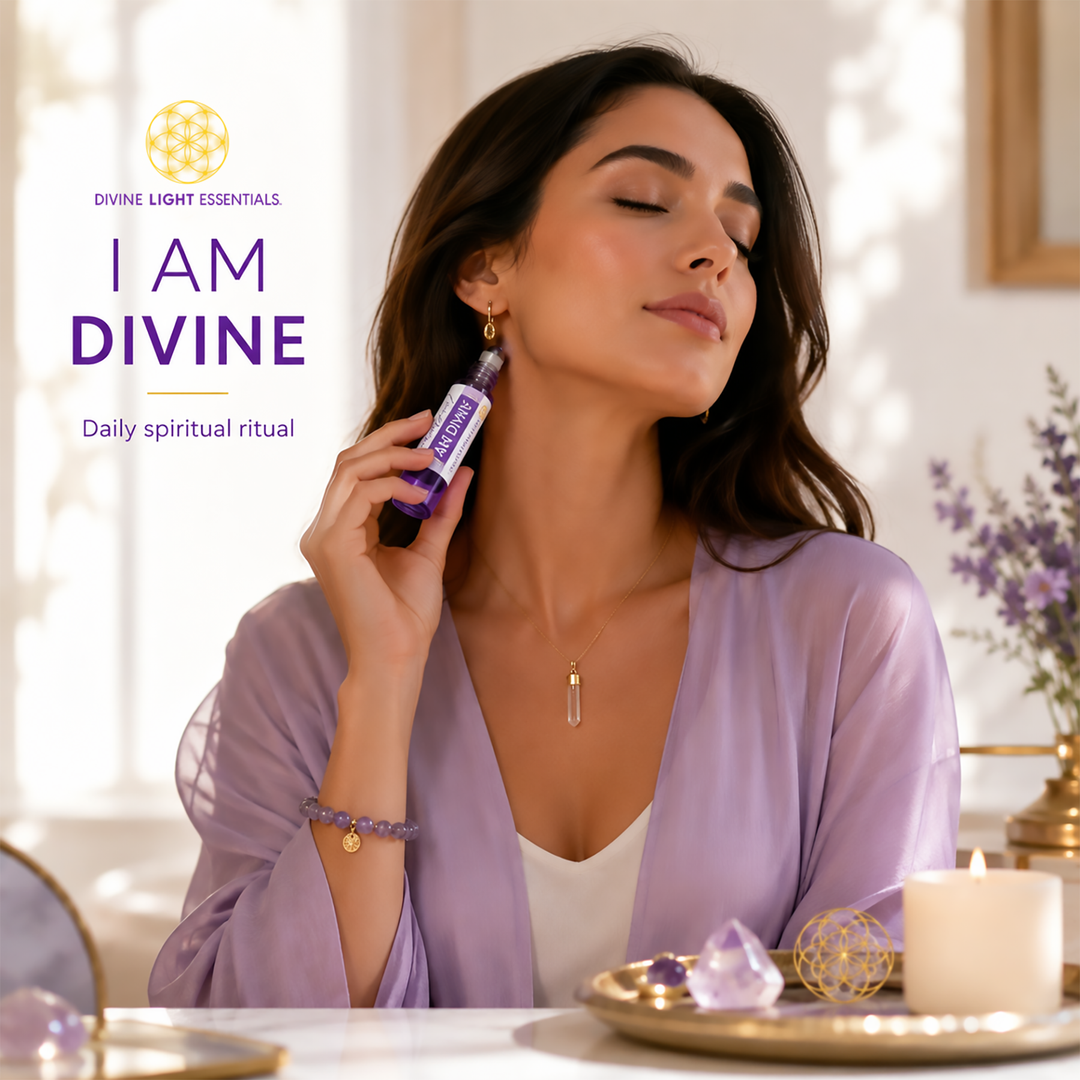 A woman in a lavender robe holds a small purple and white bottle labeled Divine Light Essentials &