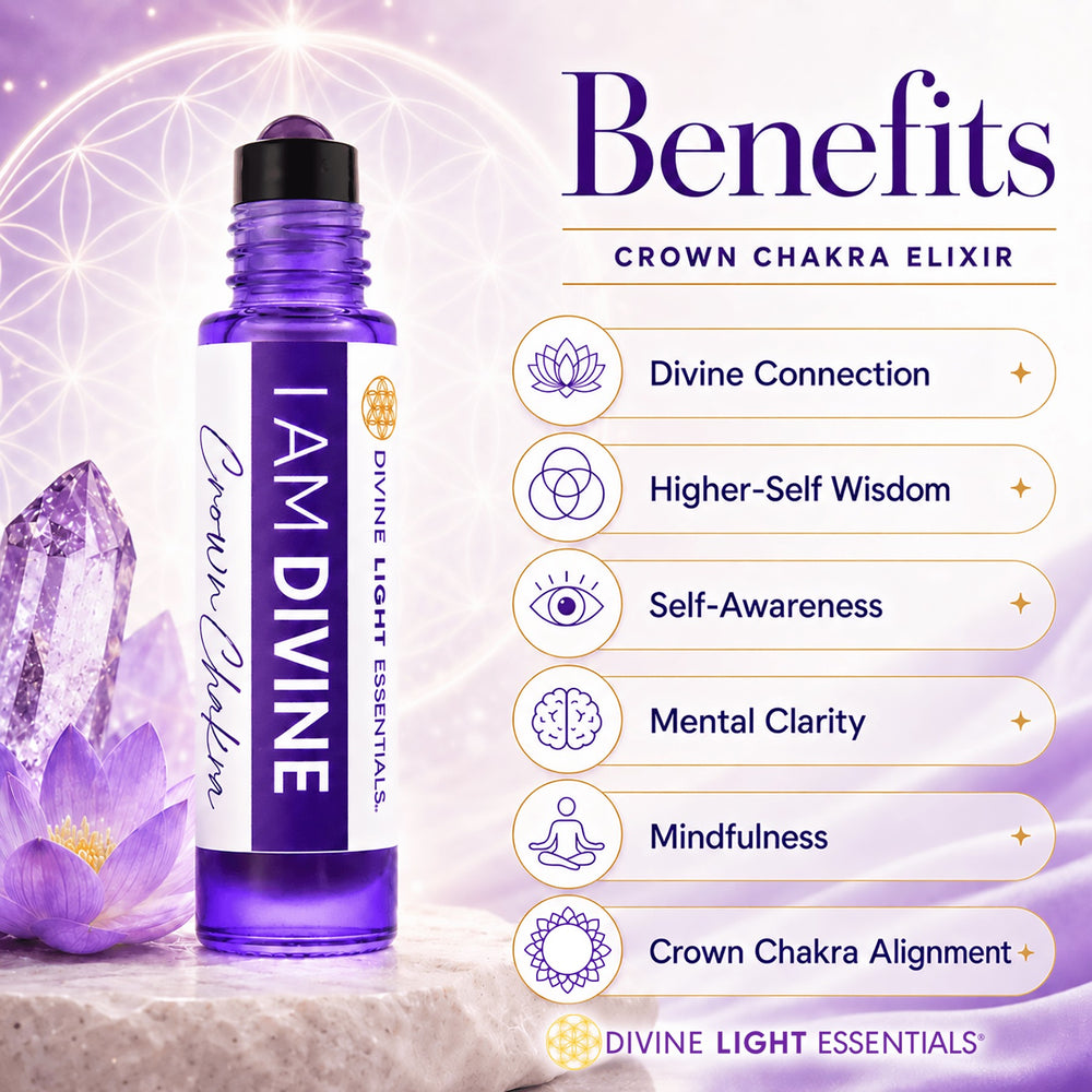 A bottle of Divine Light Essentials Crown Chakra Elixir shown on a purple promotional graphic with text listing benefits such as Divine Connection, Higher-Self Wisdom, Self-Awareness, Mental Clarity, Mindfulness, and Crown Chakra Alignment.