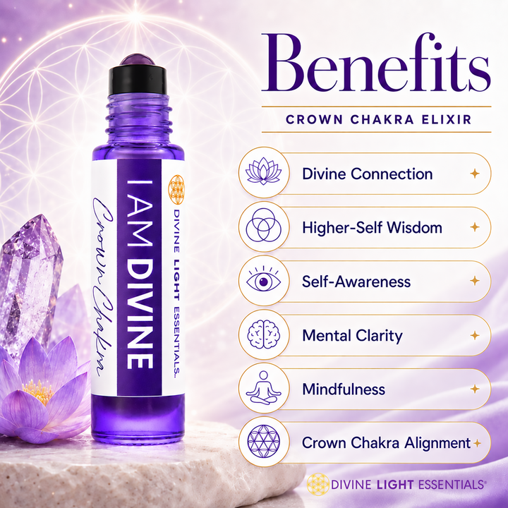 A promotional graphic for the Divine Light Essentials Crown Chakra Elixir roll-on bottle, shown on a purple and lavender background with crystal and flower props. The left side features the bottle labeled &