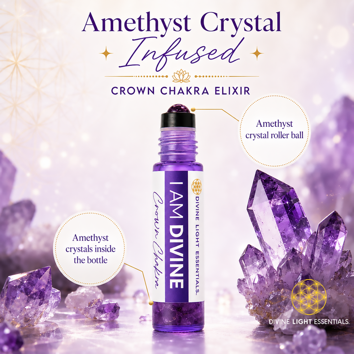 Amethyst Crystal Infused Crown Chakra Elixir roll-on bottle by Divine Light Essentials, shown on a soft lavender background with purple amethyst crystals and informational callout circles.