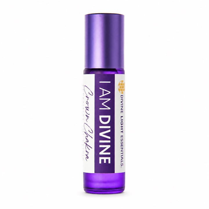A purple glass roll-on bottle with a matching metallic purple cap, featuring a white label that reads &