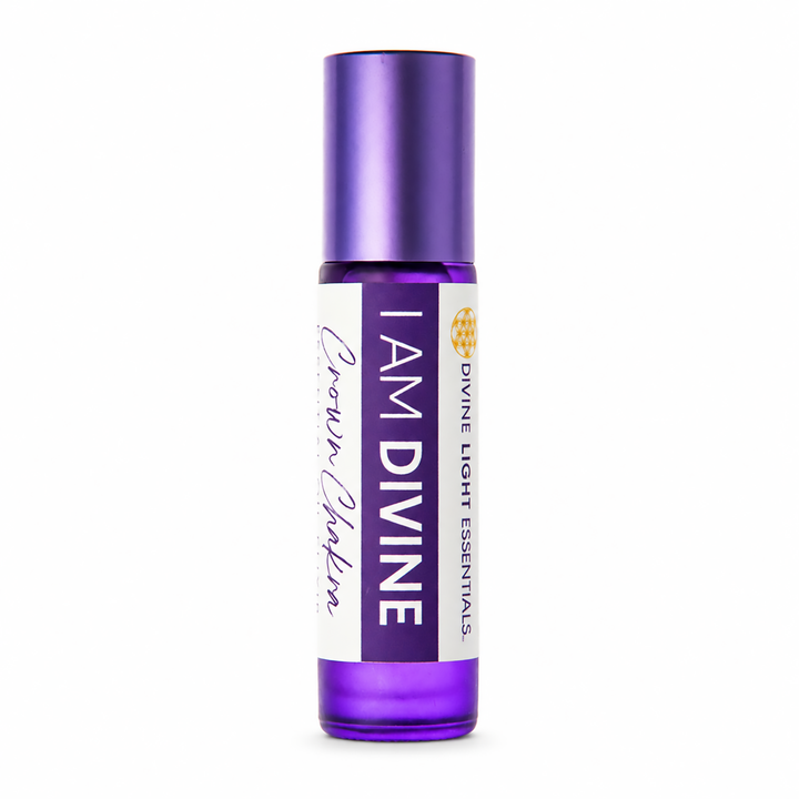 A purple glass roll-on bottle with a matching metallic purple cap, featuring a white label that reads &