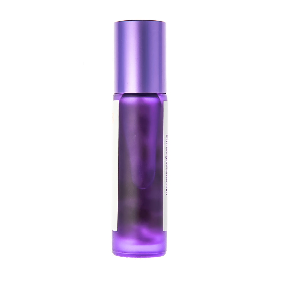 A purple glass roll-on bottle with a matching metallic purple cap, shown against a plain white background.